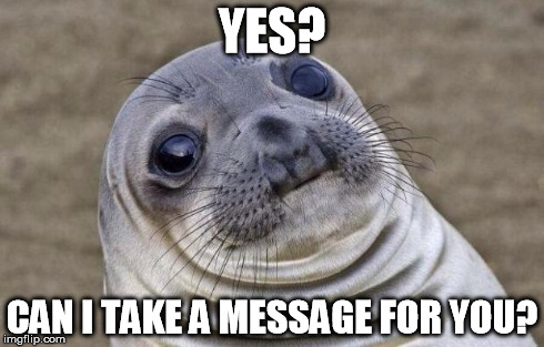 Awkward Moment Sealion Meme | YES? CAN I TAKE A MESSAGE FOR YOU? | image tagged in memes,awkward moment sealion | made w/ Imgflip meme maker