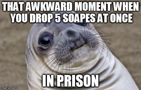 Awkward Moment Sealion | THAT AWKWARD MOMENT WHEN YOU DROP 5 SOAPES AT ONCE IN PRISON | image tagged in memes,awkward moment sealion | made w/ Imgflip meme maker