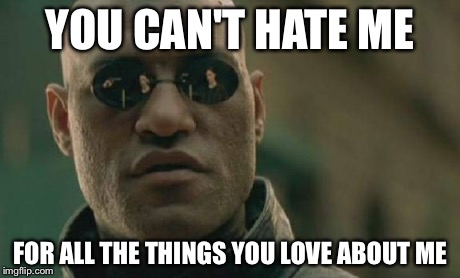Matrix Morpheus | YOU CAN'T HATE ME FOR ALL THE THINGS YOU LOVE ABOUT ME | image tagged in memes,matrix morpheus | made w/ Imgflip meme maker