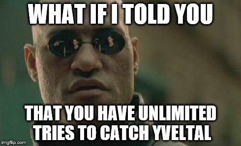 Matrix Morpheus Meme | WHAT IF I TOLD YOU THAT YOU HAVE UNLIMITED TRIES TO CATCH YVELTAL | image tagged in memes,matrix morpheus | made w/ Imgflip meme maker