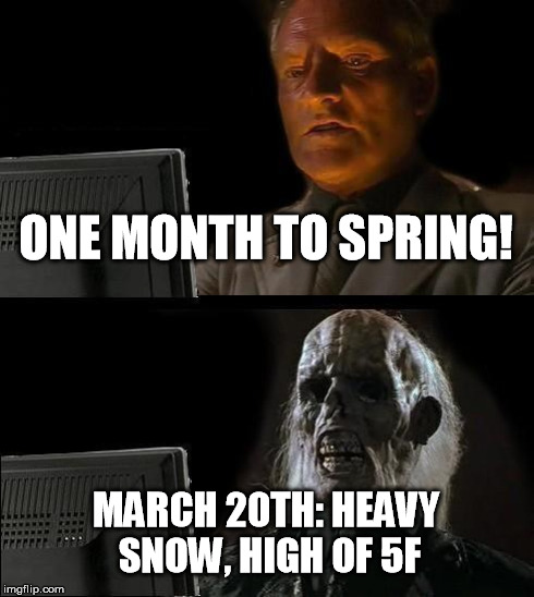 I'll Just Wait Here Meme | ONE MONTH TO SPRING! MARCH 20TH: HEAVY SNOW, HIGH OF 5F | image tagged in memes,ill just wait here | made w/ Imgflip meme maker