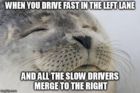 A welcome but rare occurrence on my morning commute | WHEN YOU DRIVE FAST IN THE LEFT LANE AND ALL THE SLOW DRIVERS MERGE TO THE RIGHT | image tagged in memes,satisfied seal,so true | made w/ Imgflip meme maker