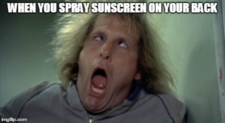 Scary Harry | WHEN YOU SPRAY SUNSCREEN ON YOUR BACK | image tagged in memes,scary harry | made w/ Imgflip meme maker