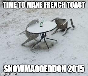 TIME TO MAKE FRENCH TOAST SNOWMAGGEDDON 2015 | image tagged in snowmaggeddon 2015 | made w/ Imgflip meme maker