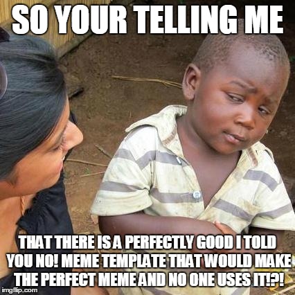 Third World Skeptical Kid | SO YOUR TELLING ME THAT THERE IS A PERFECTLY GOOD I TOLD YOU NO! MEME TEMPLATE THAT WOULD MAKE THE PERFECT MEME AND NO ONE USES IT!?! | image tagged in memes,third world skeptical kid | made w/ Imgflip meme maker