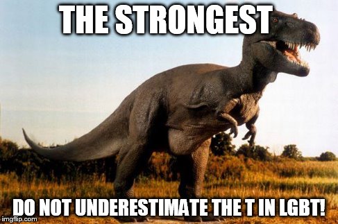 dinosaur | THE STRONGEST DO NOT UNDERESTIMATE THE T IN LGBT! | image tagged in dinosaur | made w/ Imgflip meme maker