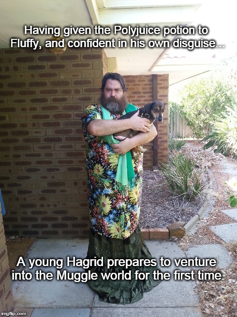 Cunning Disguise | Having given the Polyjuice potion to Fluffy, and confident in his own disguise... A young Hagrid prepares to venture into the Muggle world f | image tagged in funny,harry potter | made w/ Imgflip meme maker