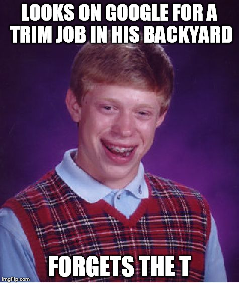 Bad Luck Brian Meme | LOOKS ON GOOGLE FOR A TRIM JOB IN HIS BACKYARD FORGETS THE T | image tagged in memes,bad luck brian | made w/ Imgflip meme maker