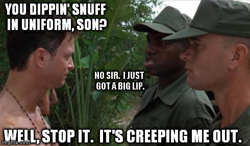 YOU DIPPIN' SNUFF IN UNIFORM, SON? NO SIR.  I JUST GOT A BIG LIP. WELL, STOP IT.  IT'S CREEPING ME OUT. | image tagged in forrest gump,bubba,lt dan | made w/ Imgflip meme maker