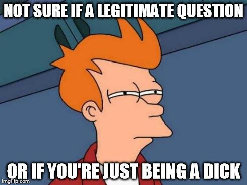 Futurama Fry Meme | NOT SURE IF A LEGITIMATE QUESTION OR IF YOU'RE JUST BEING A DICK | image tagged in memes,futurama fry | made w/ Imgflip meme maker