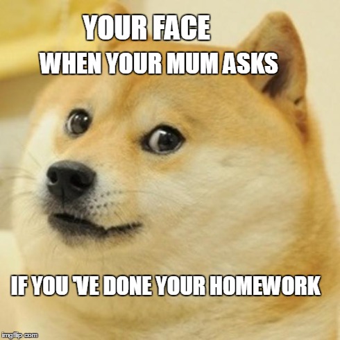 Doge Meme | YOUR FACE WHEN YOUR MUM ASKS IF YOU 'VE DONE YOUR HOMEWORK | image tagged in memes,doge | made w/ Imgflip meme maker