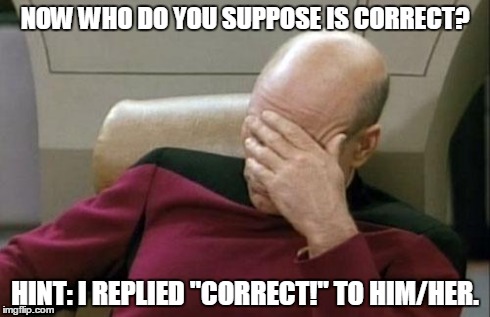 Captain Picard Facepalm Meme | NOW WHO DO YOU SUPPOSE IS CORRECT? HINT: I REPLIED "CORRECT!" TO HIM/HER. | image tagged in memes,captain picard facepalm | made w/ Imgflip meme maker