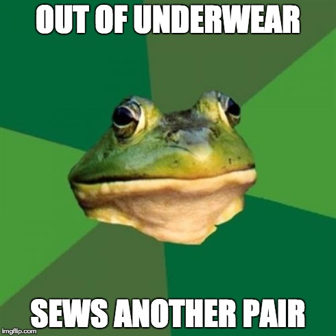 Foul Bachelor Frog Meme | OUT OF UNDERWEAR SEWS ANOTHER PAIR | image tagged in memes,foul bachelor frog,sewing | made w/ Imgflip meme maker