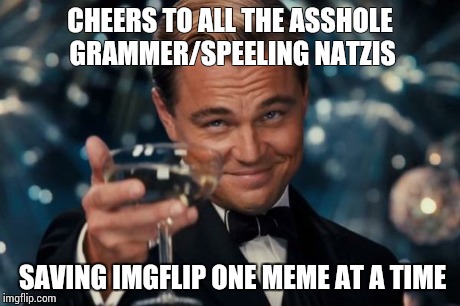 Leonardo Dicaprio Cheers | CHEERS TO ALL THE ASSHOLE GRAMMER/SPEELING NATZIS SAVING IMGFLIP ONE MEME AT A TIME | image tagged in memes,leonardo dicaprio cheers | made w/ Imgflip meme maker