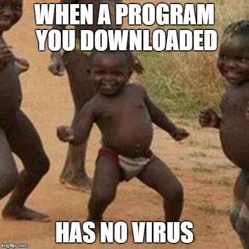 Third World Success Kid Meme | WHEN A PROGRAM YOU DOWNLOADED HAS NO VIRUS | image tagged in memes,third world success kid | made w/ Imgflip meme maker