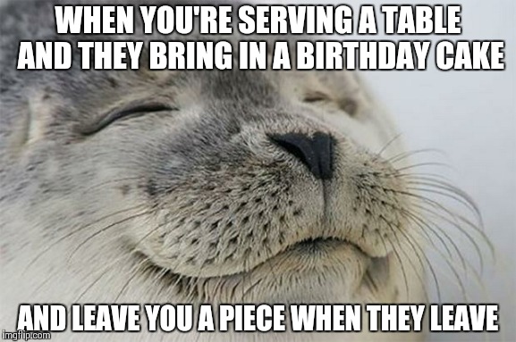 Satisfied Seal | WHEN YOU'RE SERVING A TABLE AND THEY BRING IN A BIRTHDAY CAKE AND LEAVE YOU A PIECE WHEN THEY LEAVE | image tagged in memes,satisfied seal | made w/ Imgflip meme maker