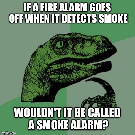 Philosoraptor | IF A FIRE ALARM GOES OFF WHEN IT DETECTS SMOKE WOULDN'T IT BE CALLED A SMOKE ALARM? | image tagged in memes,philosoraptor | made w/ Imgflip meme maker