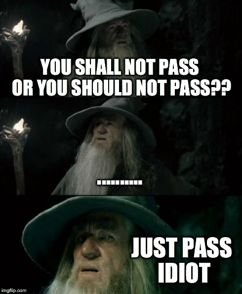 Confused Gandalf | YOU SHALL NOT PASS OR YOU SHOULD NOT PASS?? .......... JUST PASS IDIOT | image tagged in memes,confused gandalf | made w/ Imgflip meme maker