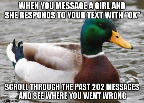 Good Advice mallard | WHEN YOU MESSAGE A GIRL AND SHE RESPONDS TO YOUR TEXT WITH "OK" SCROLL THROUGH THE PAST 202 MESSAGES AND SEE WHERE YOU WENT WRONG | image tagged in good advice mallard | made w/ Imgflip meme maker