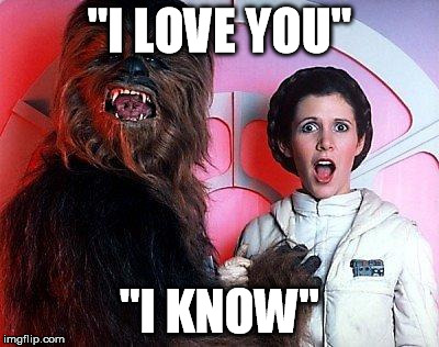 Elsewhere, while Captain Solo was still encased in carbonite... | "I LOVE YOU" "I KNOW" | image tagged in chewie  leia | made w/ Imgflip meme maker