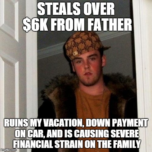 Scumbag Steve | STEALS OVER $6K FROM FATHER RUINS MY VACATION, DOWN PAYMENT ON CAR, AND IS CAUSING SEVERE FINANCIAL STRAIN ON THE FAMILY | image tagged in memes,scumbag steve | made w/ Imgflip meme maker