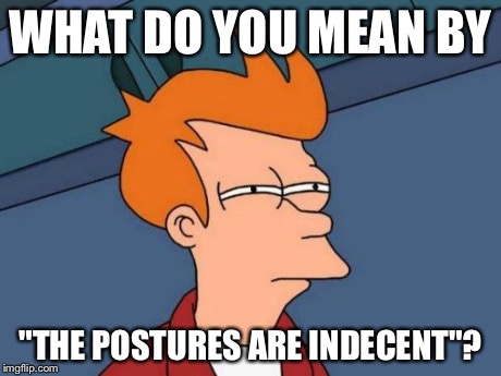 Futurama Fry Meme | WHAT DO YOU MEAN BY "THE POSTURES ARE INDECENT"? | image tagged in memes,futurama fry | made w/ Imgflip meme maker