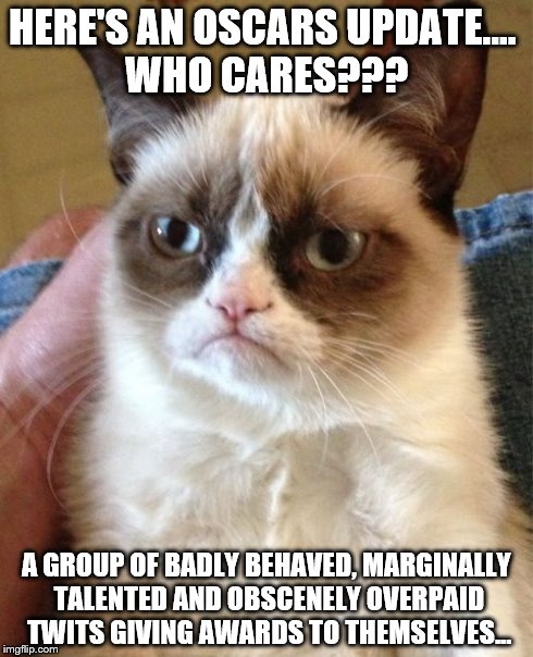 Grumpy Cat | HERE'S AN OSCARS UPDATE....
 WHO CARES??? A GROUP OF BADLY BEHAVED, MARGINALLY TALENTED AND OBSCENELY OVERPAID TWITS GIVING AWARDS TO THEMSE | image tagged in memes,grumpy cat | made w/ Imgflip meme maker