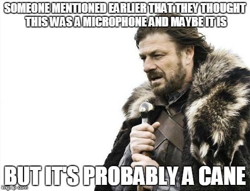 Brace Yourselves X is Coming | SOMEONE MENTIONED EARLIER THAT THEY THOUGHT THIS WAS A MICROPHONE AND MAYBE IT IS BUT IT'S PROBABLY A CANE | image tagged in memes,brace yourselves x is coming | made w/ Imgflip meme maker