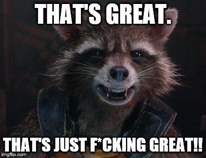 Rocket Raccoon | THAT'S GREAT. THAT'S JUST F*CKING GREAT!! | image tagged in rocket raccoon | made w/ Imgflip meme maker