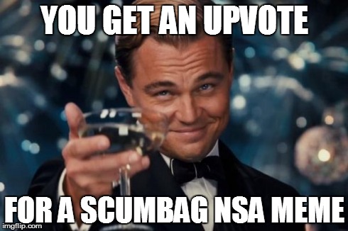 Leonardo Dicaprio Cheers Meme | YOU GET AN UPVOTE FOR A SCUMBAG NSA MEME | image tagged in memes,leonardo dicaprio cheers | made w/ Imgflip meme maker