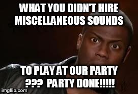 Kevin Hart Meme | WHAT YOU DIDN'T HIRE MISCELLANEOUS SOUNDS TO PLAY AT OUR PARTY ???  PARTY DONE!!!!! | image tagged in memes,kevin hart the hell | made w/ Imgflip meme maker