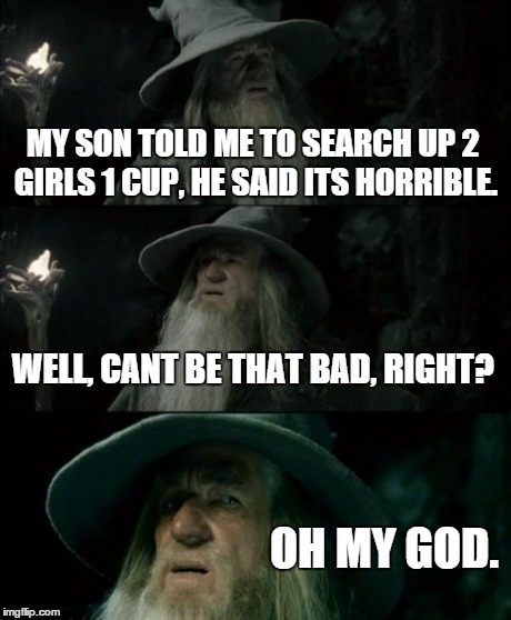 Confused Gandalf Meme | MY SON TOLD ME TO SEARCH UP 2 GIRLS 1 CUP, HE SAID ITS HORRIBLE. WELL, CANT BE THAT BAD, RIGHT? OH MY GOD. | image tagged in memes,confused gandalf | made w/ Imgflip meme maker