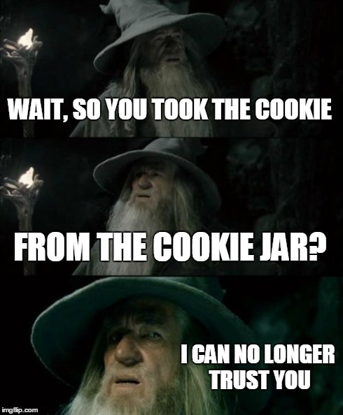 Wut?! | WAIT, SO YOU TOOK THE COOKIE FROM THE COOKIE JAR? I CAN NO LONGER TRUST YOU | image tagged in memes,confused gandalf | made w/ Imgflip meme maker