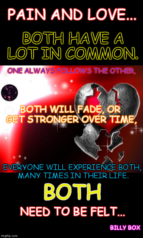 love is love | PAINAND LOVE... BOTH BOTH HAVE A LOT IN COMMON. ONE ALWAYS FOLLOWS THE OTHER, BOTH WILL FADE, OR GET STRONGER OVER TIME, EVERYONE WILL EXPE | image tagged in love is love | made w/ Imgflip meme maker