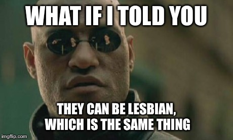 Matrix Morpheus Meme | WHAT IF I TOLD YOU THEY CAN BE LESBIAN, WHICH IS THE SAME THING | image tagged in memes,matrix morpheus | made w/ Imgflip meme maker