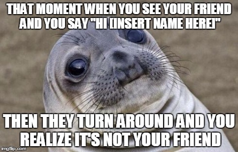 Awkward Moment Seal | THAT MOMENT WHEN YOU SEE YOUR FRIEND AND YOU SAY "HI [INSERT NAME HERE]" THEN THEY TURN AROUND AND YOU REALIZE IT'S NOT YOUR FRIEND | image tagged in memes,awkward moment sealion | made w/ Imgflip meme maker