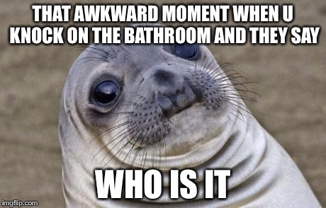 Awkward Moment Sealion | THAT AWKWARD MOMENT WHEN U KNOCK ON THE BATHROOM AND THEY SAY WHO IS IT | image tagged in memes,awkward moment sealion | made w/ Imgflip meme maker