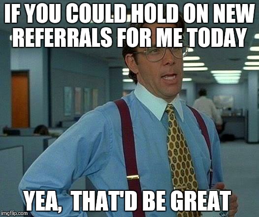 That Would Be Great Meme | IF YOU COULD HOLD ON NEW REFERRALS FOR ME TODAY YEA,  THAT'D BE GREAT | image tagged in memes,that would be great | made w/ Imgflip meme maker