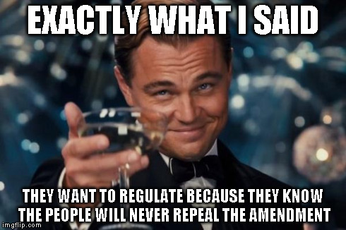 Leonardo Dicaprio Cheers Meme | EXACTLY WHAT I SAID THEY WANT TO REGULATE BECAUSE THEY KNOW THE PEOPLE WILL NEVER REPEAL THE AMENDMENT | image tagged in memes,leonardo dicaprio cheers | made w/ Imgflip meme maker