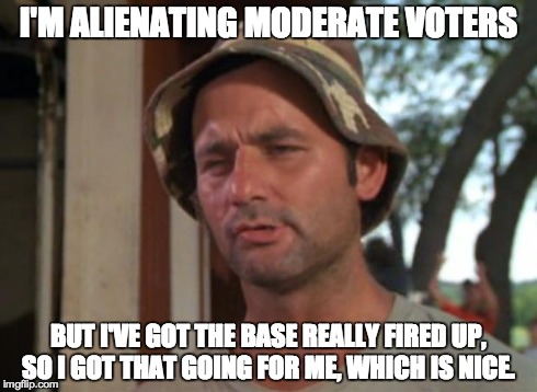 So I Got That Goin For Me Which Is Nice Meme | I'M ALIENATING MODERATE VOTERS BUT I'VE GOT THE BASE REALLY FIRED UP, SO I GOT THAT GOING FOR ME, WHICH IS NICE. | image tagged in memes,so i got that goin for me which is nice | made w/ Imgflip meme maker