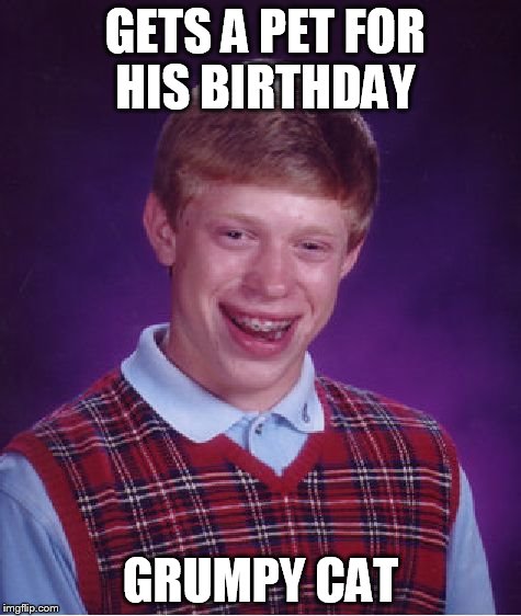 Bad Luck Brian Meme | GETS A PET FOR HIS BIRTHDAY GRUMPY CAT | image tagged in memes,bad luck brian,grumpy cat,lol,birthday,cats | made w/ Imgflip meme maker