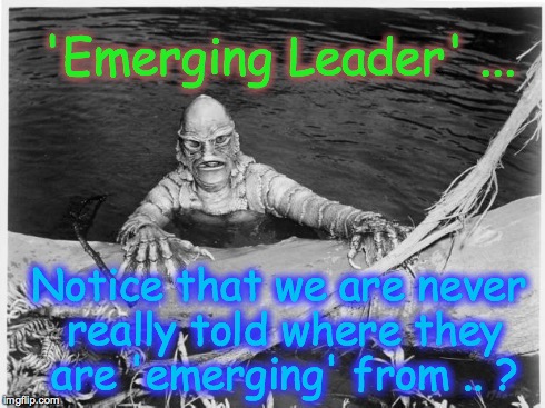 Creature From Black Lagoon | 'Emerging Leader' ... Notice that we are never really told where they are 'emerging' from .. ? | image tagged in creature from black lagoon | made w/ Imgflip meme maker