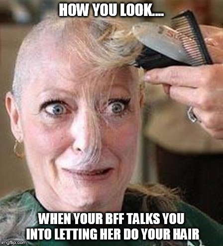 When Your BFF Does Your Hair | HOW YOU LOOK.... WHEN YOUR BFF TALKS YOU INTO LETTING HER DO YOUR HAIR | image tagged in funny memes,hair | made w/ Imgflip meme maker