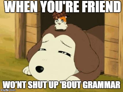 Hamtaro-dog | WHEN YOU'RE FRIEND WO'NT SHUT UP 'BOUT GRAMMAR | image tagged in hamtaro-dog,scumbag,memes | made w/ Imgflip meme maker