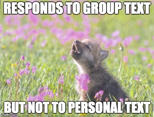Baby Insanity Wolf | RESPONDS TO GROUP TEXT BUT NOT TO PERSONAL TEXT | image tagged in memes,baby insanity wolf,AdviceAnimals | made w/ Imgflip meme maker
