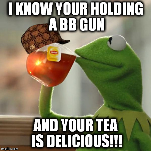 Think I'm scared. | I KNOW YOUR HOLDING A BB GUN AND YOUR TEA IS DELICIOUS!!! | image tagged in memes,but thats none of my business,kermit the frog,scumbag,funny,too funny | made w/ Imgflip meme maker