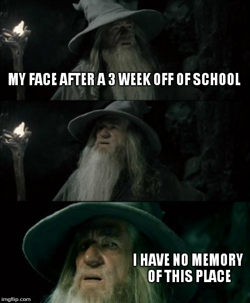 Confused Gandalf | MY FACE AFTER A 3 WEEK OFF OF SCHOOL I HAVE NO MEMORY OF THIS PLACE | image tagged in memes,confused gandalf | made w/ Imgflip meme maker