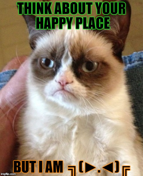 Grumpy Cat Meme | THINK ABOUT YOUR HAPPY PLACE BUT I AM  ╗(►.◄)╔ | image tagged in memes,grumpy cat | made w/ Imgflip meme maker