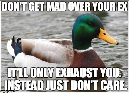 Actual Advice Mallard Meme | DON'T GET MAD OVER YOUR EX IT'LL ONLY EXHAUST YOU. INSTEAD JUST DON'T CARE. | image tagged in memes,actual advice mallard | made w/ Imgflip meme maker