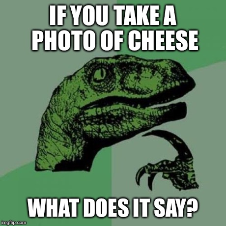 Philosoraptor Meme | IF YOU TAKE A PHOTO OF CHEESE WHAT DOES IT SAY? | image tagged in memes,philosoraptor | made w/ Imgflip meme maker